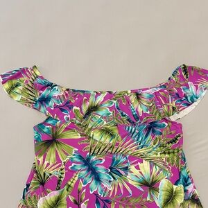 Tropical Off-Shoulder Floral Top in Magenta & Teal